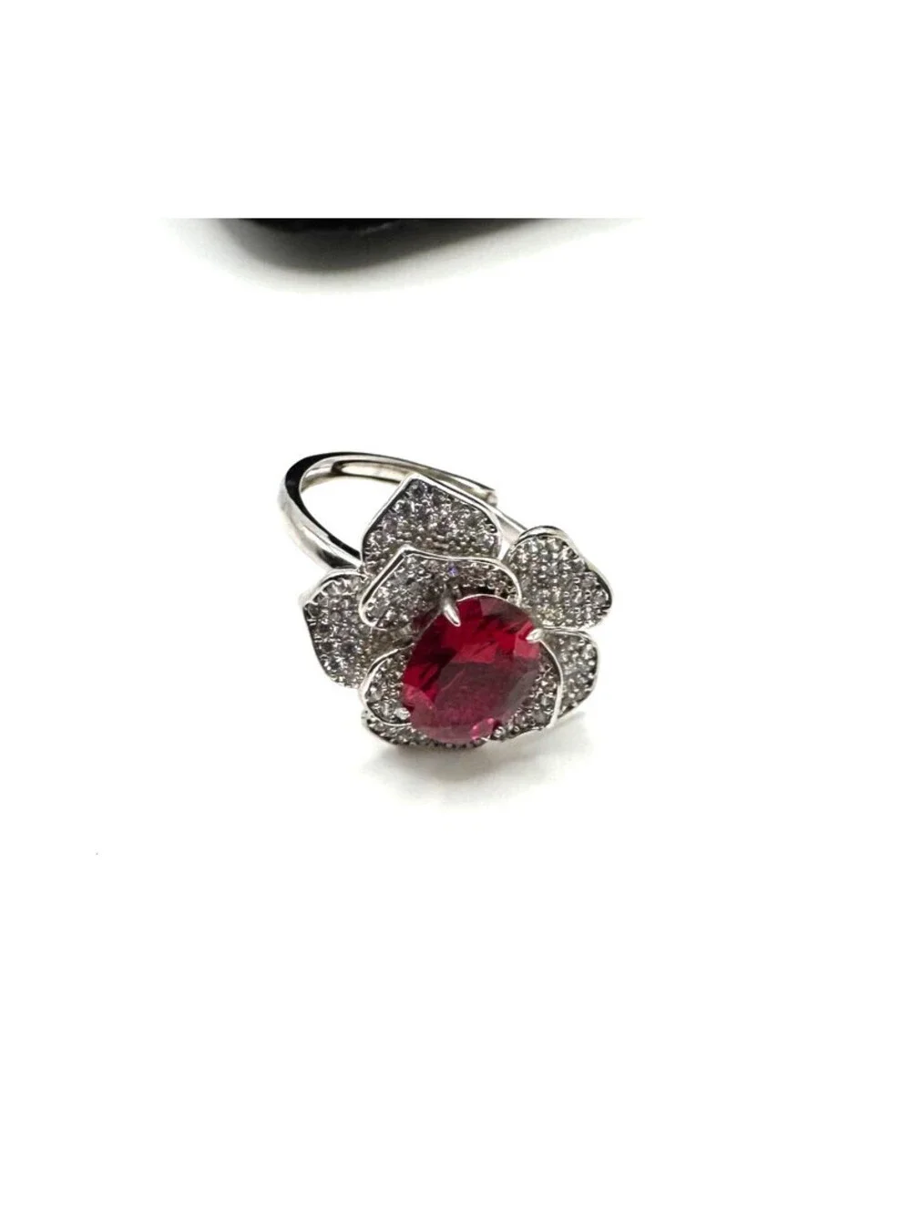 Platinum Plated Adjustable 2 ct Moissanite Pink Flower Ring Vintage Inspired